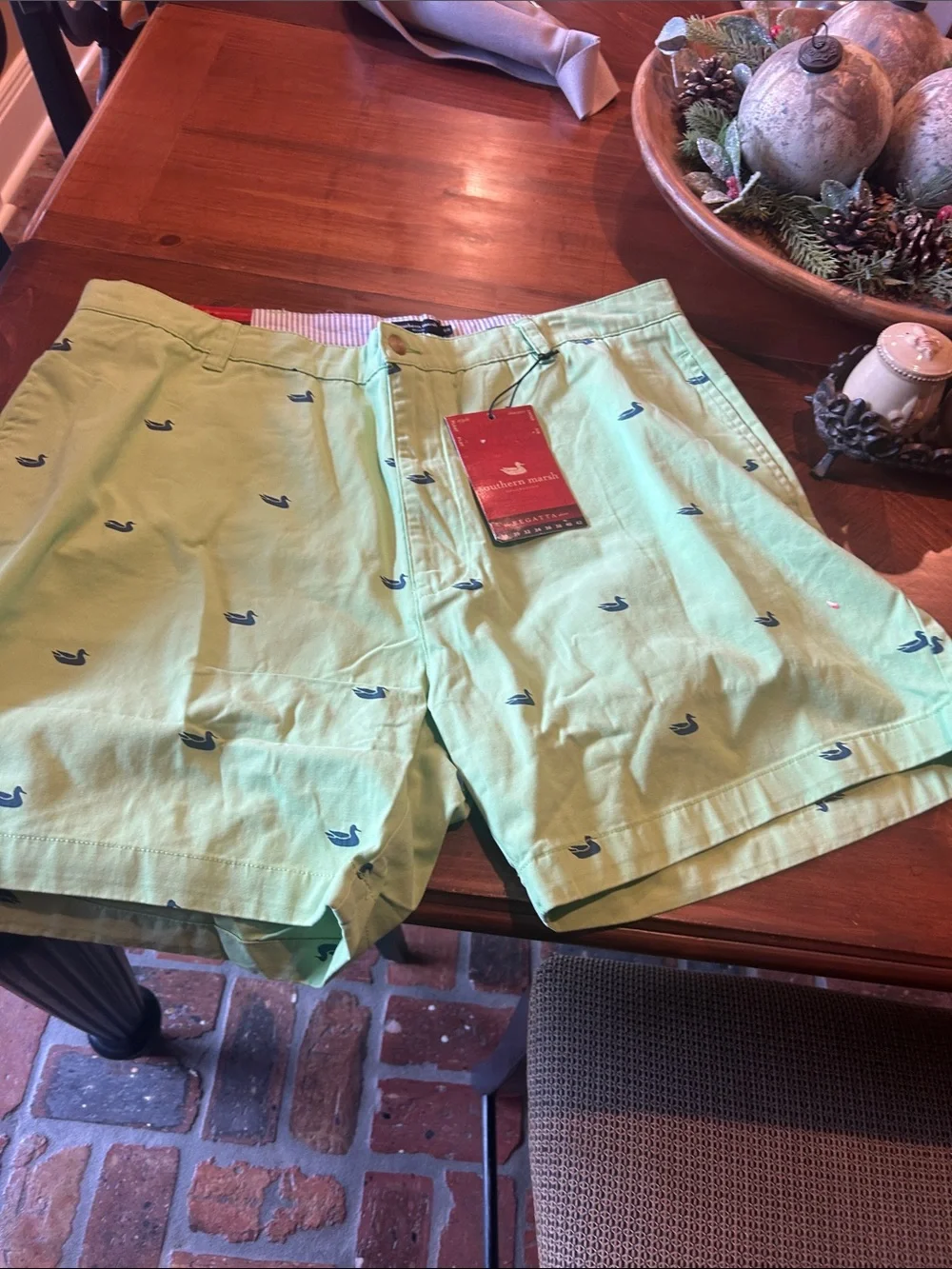 Southern Marsh Mint Green Swim Shorts with Navy Duck Motif